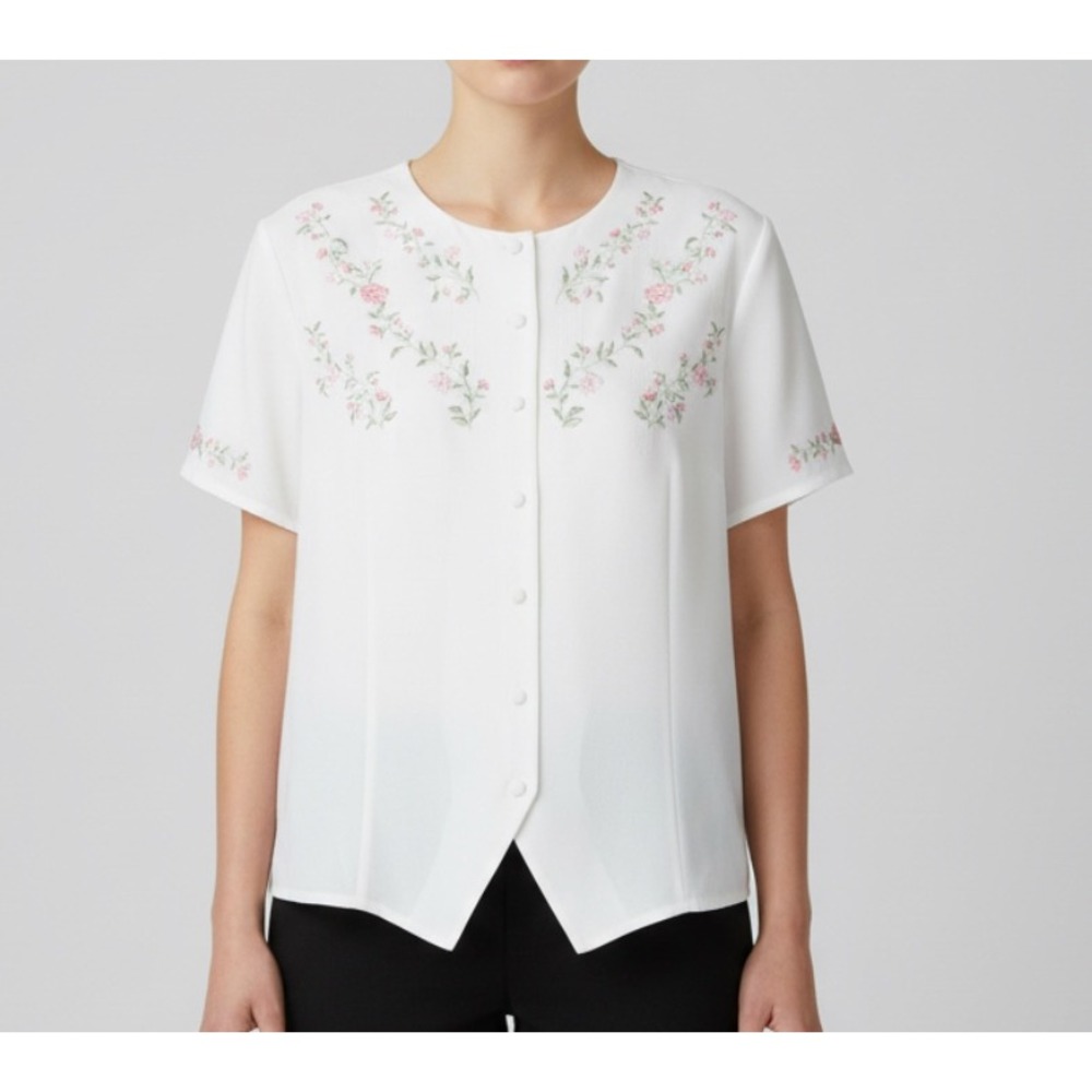 LAURA SCOTT White SATIN Button-Up FLORAL EMBROIDERED Dressy Blouse/Shirt/Top 16